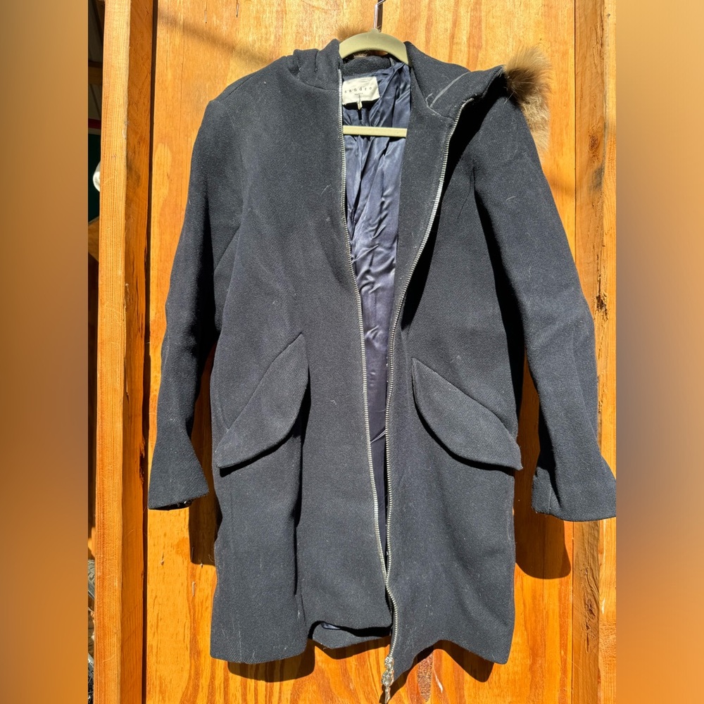 Sandro Wool Blend Coat with Zip Closure and Fur Trimmed Hood (Navy)